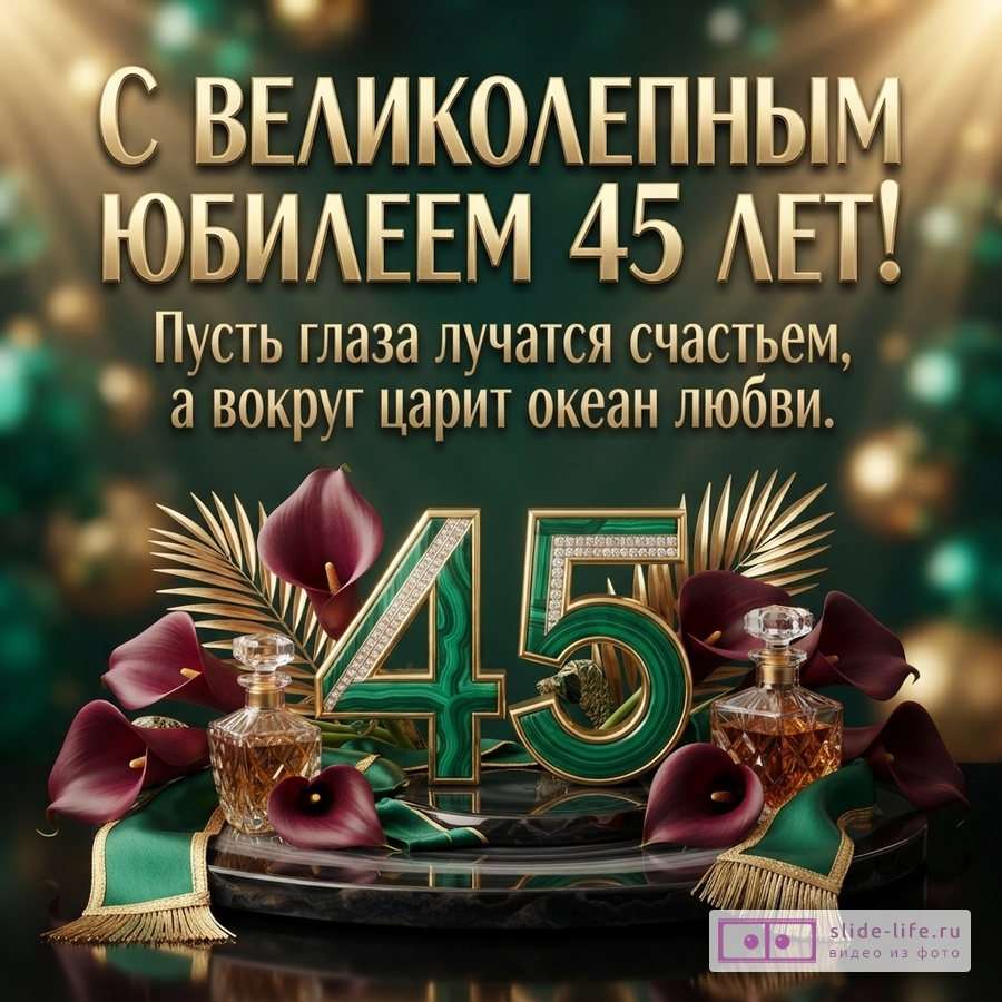 Открытка с золотым текстом на темно-зеленом фоне. В центре крупные цифры «45» из малахита с золотой окантовкой и бриллиантами. Вокруг цифр бордовые каллы, золотые пальмовые листья, две бутылочки духов и зеленая лента с золотой бахромой. Текст: «С великолепным юбилеем 45 лет! Пусть глаза лучатся счастьем, а вокруг царит океан любви.»