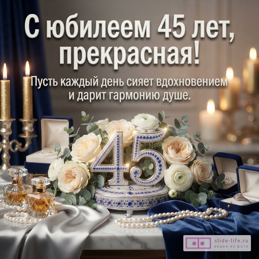 Открытка с юбилеем 45 лет женщине. На фоне синих штор и горящих свечей, на столе с белой скатертью и синей тканью, стоит букет белых роз, цифры «45» из страз, флаконы духов, жемчужные бусы и открытые коробочки с украшениями. Текст: «С юбилеем 45 лет, прекрасная! Пусть каждый день сияет вдохновением и дарит гармонию душе.»