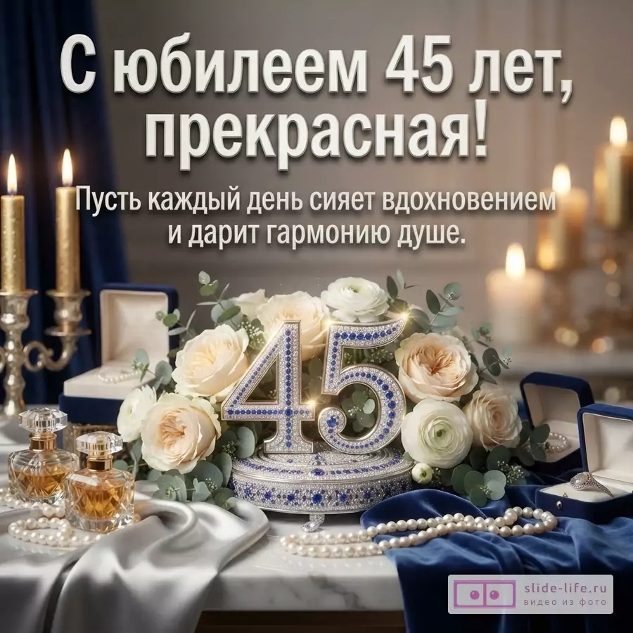 Открытка с юбилеем 45 лет женщине. На фоне синих штор и горящих свечей, на столе с белой скатертью и синей тканью, стоит букет белых роз, цифры «45» из страз, флаконы духов, жемчужные бусы и открытые коробочки с украшениями. Текст: «С юбилеем 45 лет, прекрасная! Пусть каждый день сияет вдохновением и дарит гармонию душе.»