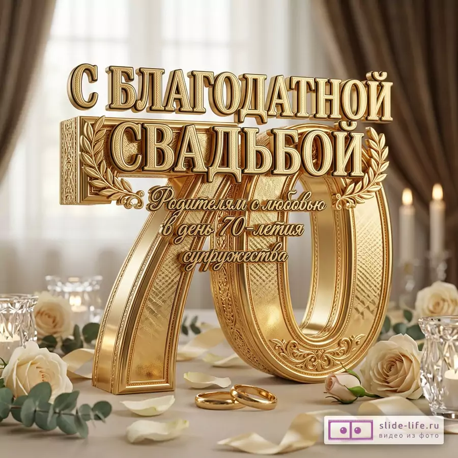 Золотая надпись «С Благодатной свадьбой» и «Вариант 1» на фоне числа 70, бежевый интерьер, свечи, белые розы, ленты, обручальные кольца