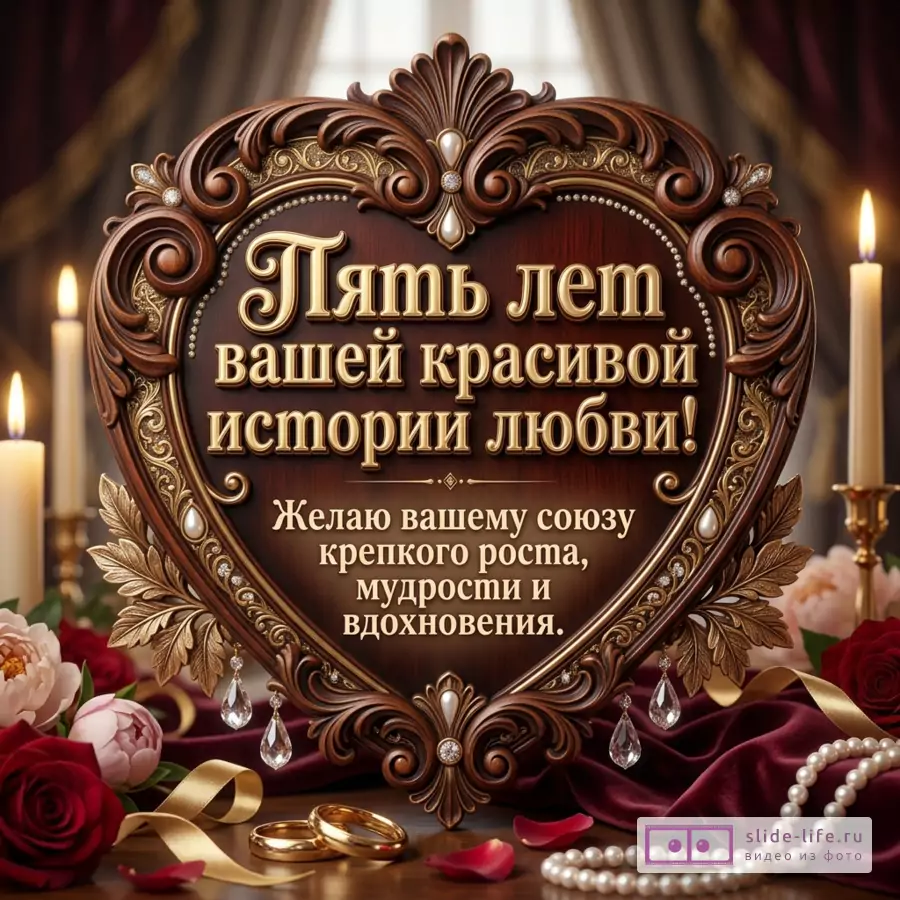 Открытка с резным деревянным сердцем, золотым орнаментом, свечами, красными и розовыми розами, обручальными кольцами, жемчугом, бордовым фоном, текстом «Пять лет вашей красивой истории любви! Желаю вашему союзу крепкого роста, мудрости и вдохновения.»