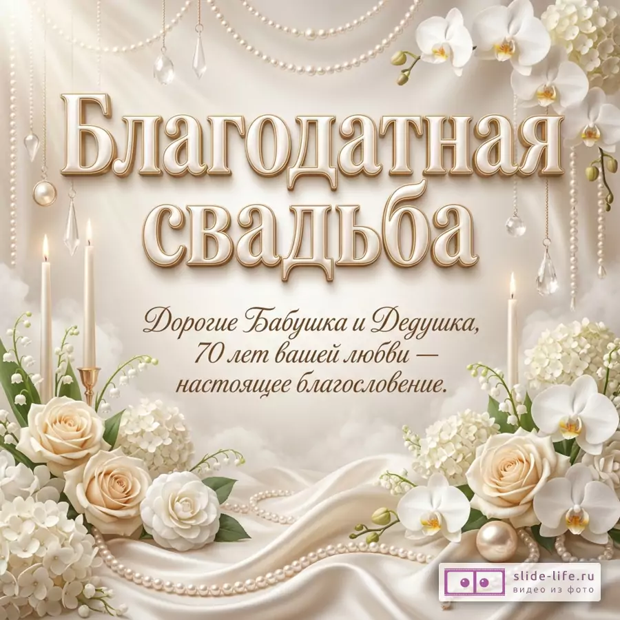 Светлая открытка в кремово-золотых тонах с жемчужными гирляндами, свечами, белыми розами, орхидеями и текстом «Благодатная свадьба Дорогие Бабушка и Дедушка, 70 лет вашей любви — настоящее благословение и много воздуха»