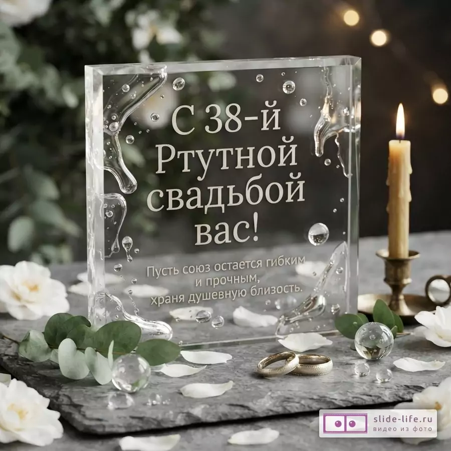 Прозрачная акриловая табличка с гравировкой на сером фоне, свеча, кольца, белые цветы, эвкалипт. Текст: «С 38-й Ртутной свадьбой вас! Пусть союз остается гибким и прочным, храня душевную близость.»