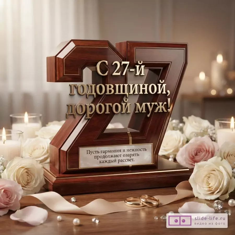 Деревянная цифра «27» с золотой окантовкой на деревянной подставке, вокруг белые и розовые розы, свечи, обручальные кольца, жемчуг. Текст: «С 27-й Годовщиной, дорогой муж! Пусть гармония и нежность продолжают озарять каждый рассвет.»