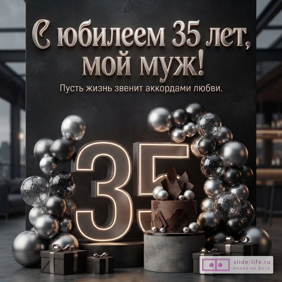 Большая светящаяся цифра 35 в окружении черных и серебряных шаров, торта и подарков с надписью «С юбилеем 35 лет, мой муж! Пусть жизнь звенит аккордами любви.»
