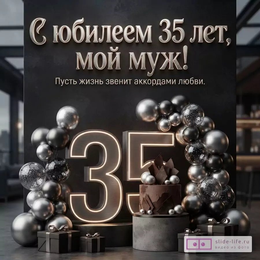 Большая светящаяся цифра 35 в окружении черных и серебряных шаров, торта и подарков с надписью «С юбилеем 35 лет, мой муж! Пусть жизнь звенит аккордами любви.»