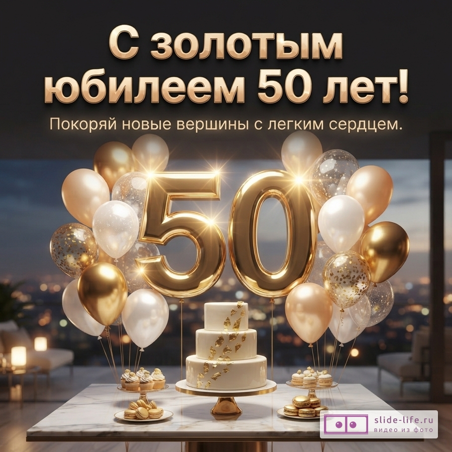 Черный фон, золотые буквы, белые и золотые шары, золотые цифры «50», белый торт с золотыми элементами. Текст: «С золотым юбилеем 50 лет! Покоряй новые вершины с легким сердцем.»