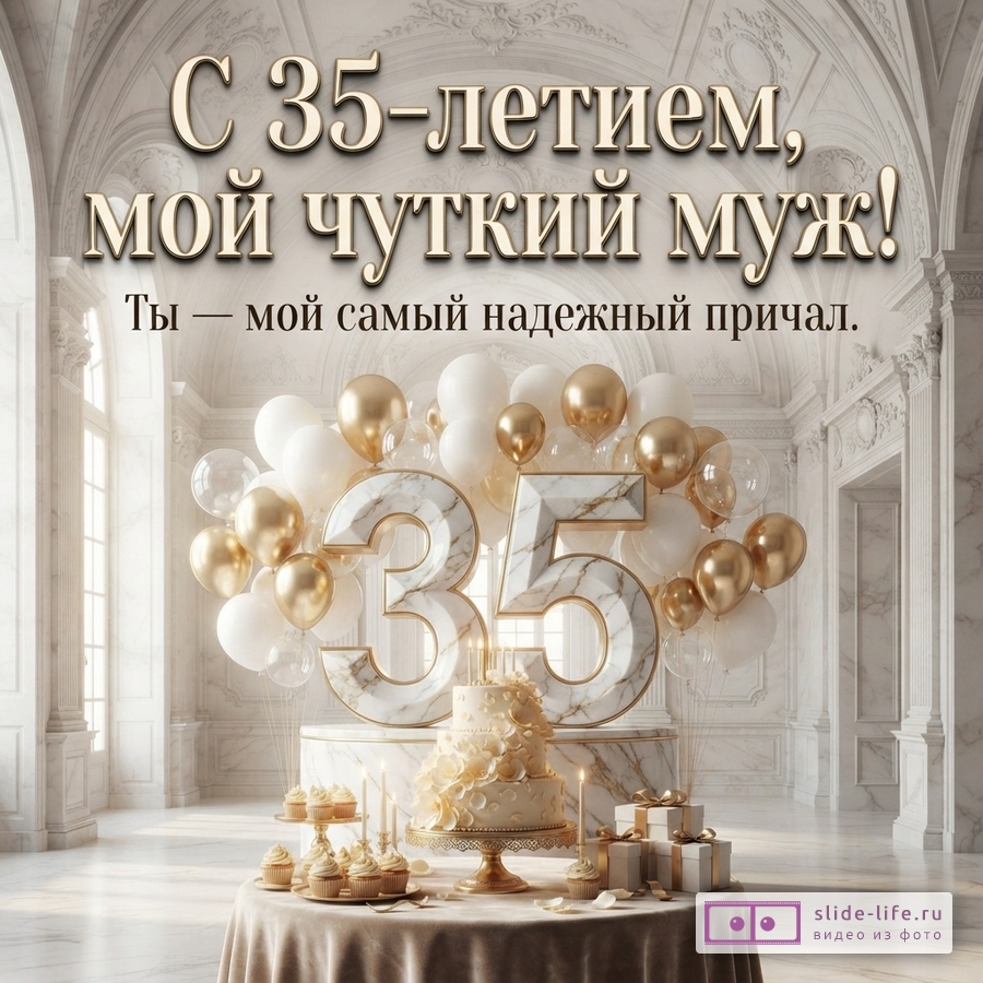 Мраморный зал, праздничный стол с тортом, капкейками и подарками, золотые и белые шары, цифра 35 и надпись «С 35-летием, мой чуткий муж! Ты — мой самый надежный причал.»