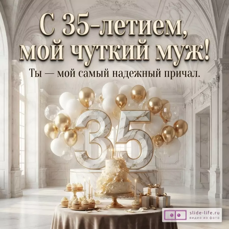 Мраморный зал, праздничный стол с тортом, капкейками и подарками, золотые и белые шары, цифра 35 и надпись «С 35-летием, мой чуткий муж! Ты — мой самый надежный причал.»