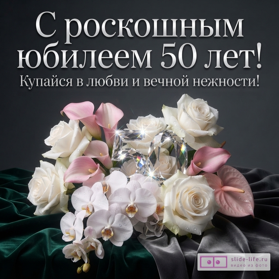Темный фон, букет белых и розовых цветов, в центре прозрачный кристалл, сверху текст «С роскошным юбилеем 50 лет! Купайся в любви и вечной нежности!»