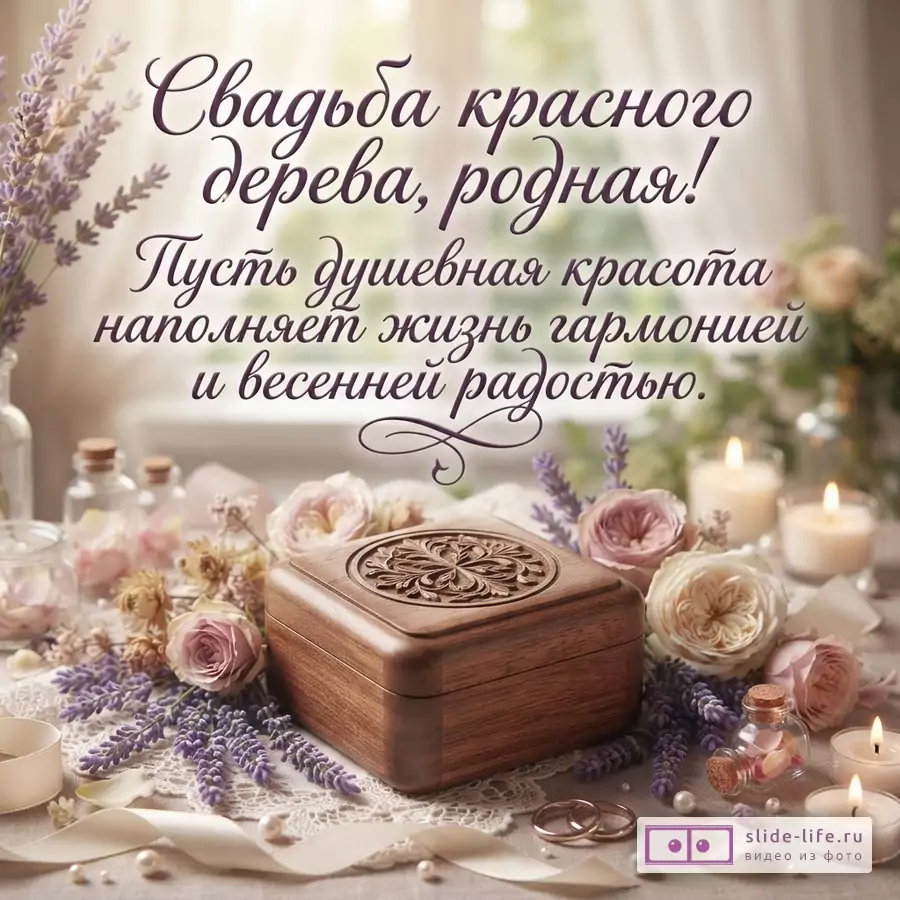 Открытка с фоном размытого окна, на переднем плане деревянная шкатулка, лаванда, розы, свечи, обручальные кольца. Текст: «Свадьба красного дерева, родная! Пусть душевная красота наполняет жизнь гармонией и весенней радостью.»