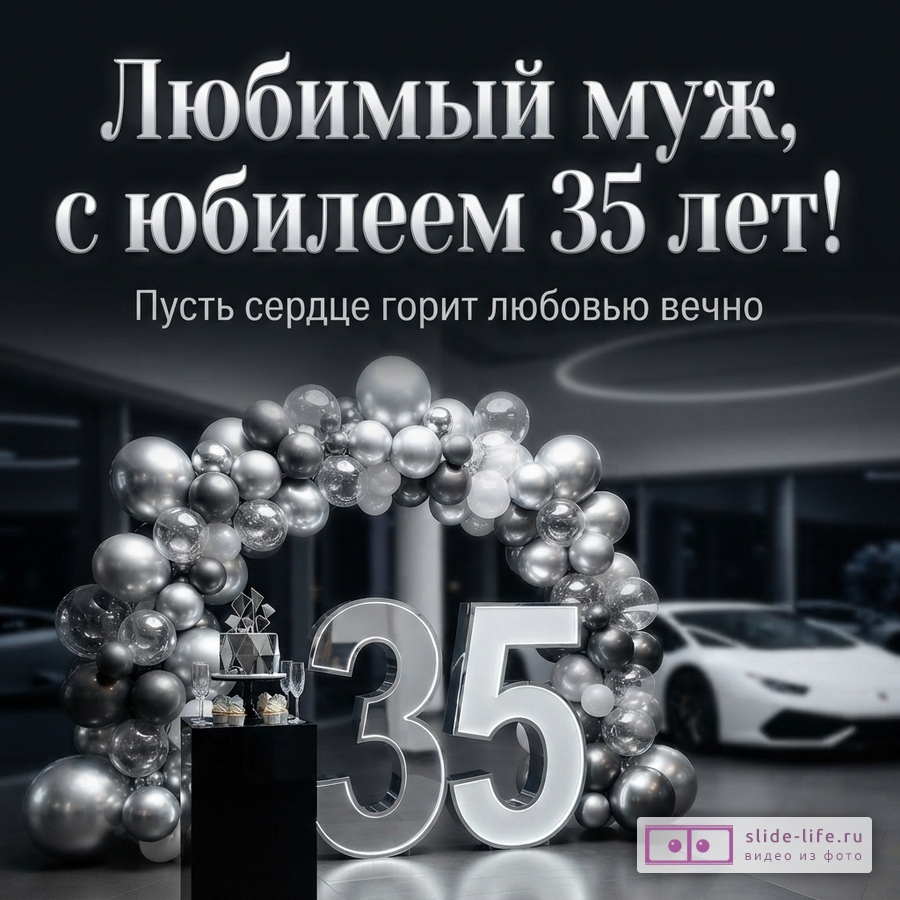 Объемная светящаяся цифра 35 под аркой из серебряных шаров в автосалоне и текст «Любимый муж, с юбилеем 35 лет! Пусть сердце горит любовью вечно».