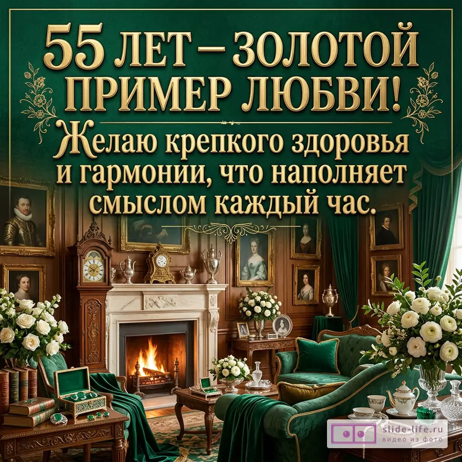 Открытка с текстом «55 ЛЕТ – ЗОЛОТОЙ ПРИМЕР ЛЮБВИ! Желаю крепкого здоровья и гармонии, что наполняет смыслом каждый час.», темно-зеленый фон, золотые буквы, камин, портреты, белые розы, зеленая мебель