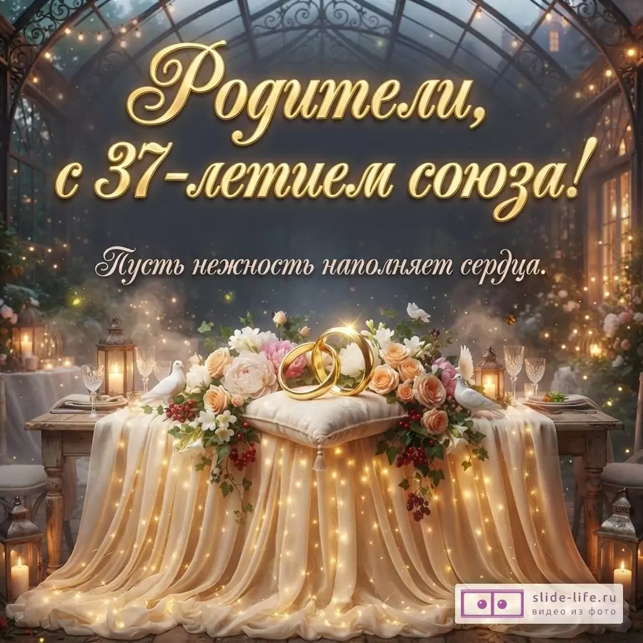 Открытка с золотыми буквами на темном фоне, золотые обручальные кольца на подушке, цветы, свечи, гирлянды. Текст: «Родители, с 37-летием союза! Пусть нежность наполняет сердца.»
