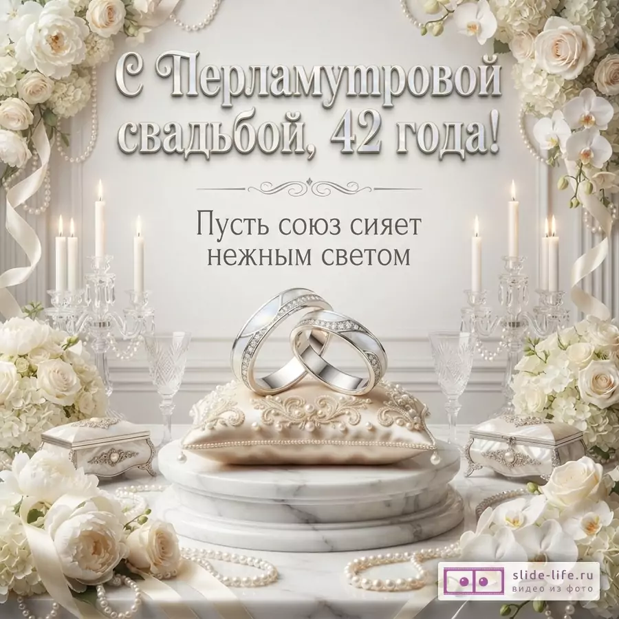 Белый фон, по углам белые розы и орхидеи, жемчужные бусы. В центре два обручальных кольца на подушечке. Свечи по бокам. Текст: «С Перламутровой свадьбой, 42 года! Пусть союз сияет нежным светом»