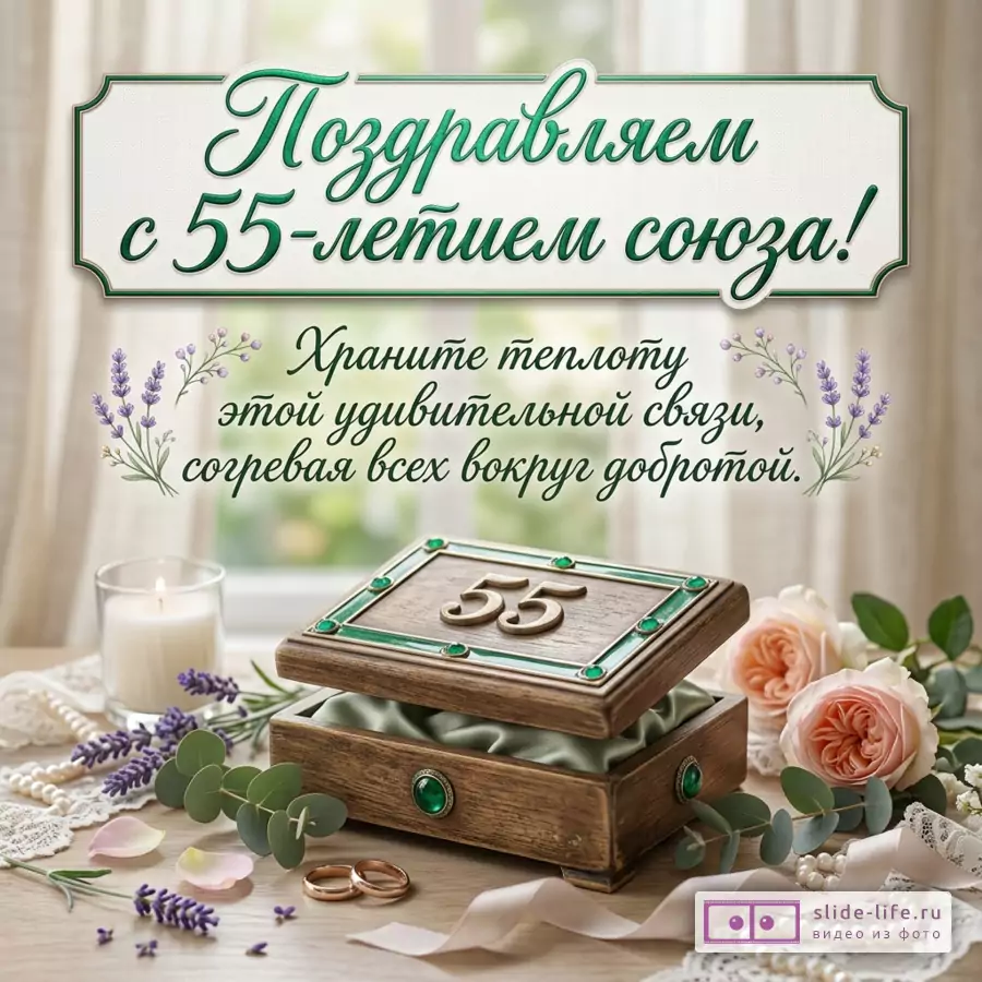 Открытка с текстом «Поздравляем с 55-летней годовщиной свадьбы! Берегите тепло этой удивительной связи, согревая всех окружающих.» светлый бежевый фон, шкатулка с числом «55», кольца, свеча, розы, лаванда, жемчуг