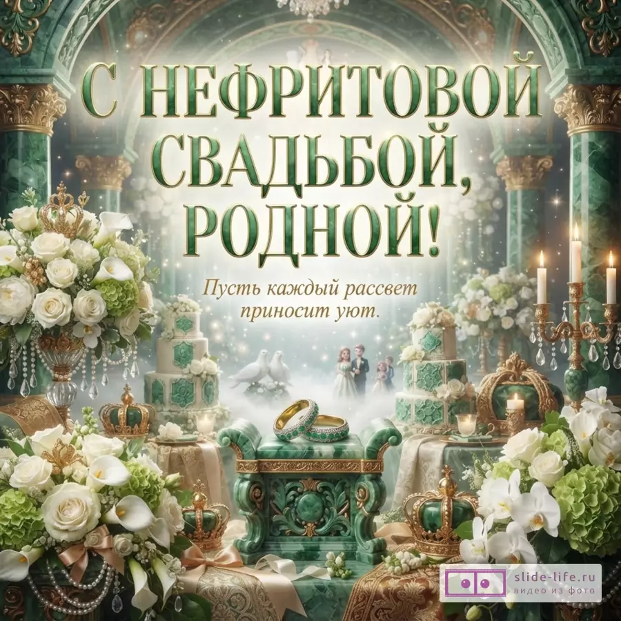 Зеленый фон, золотой декоративный интерьер, крупный текст «С НЕФРИТОВОЙ СВАДЬБОЙ, РОДНОЙ!», ниже надпись «Пусть каждый рассвет приносит уют.», цветы, свечи, кольца, торт.