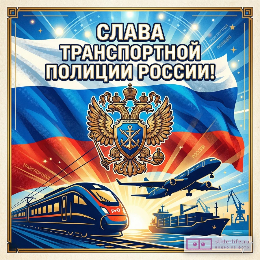 С Днём транспортной полиции — открытка с флагом России и символикой