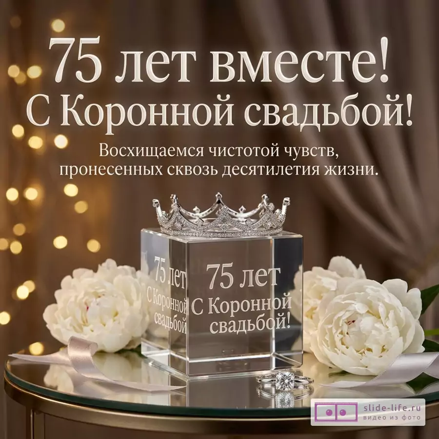 Стеклянный куб с короной, белые пионы и кольцо с надписью «75 лет вместе! С Коронной свадьбой! Восхищаемся чистотой чувств, пронесенных сквозь десятилетия жизни.»