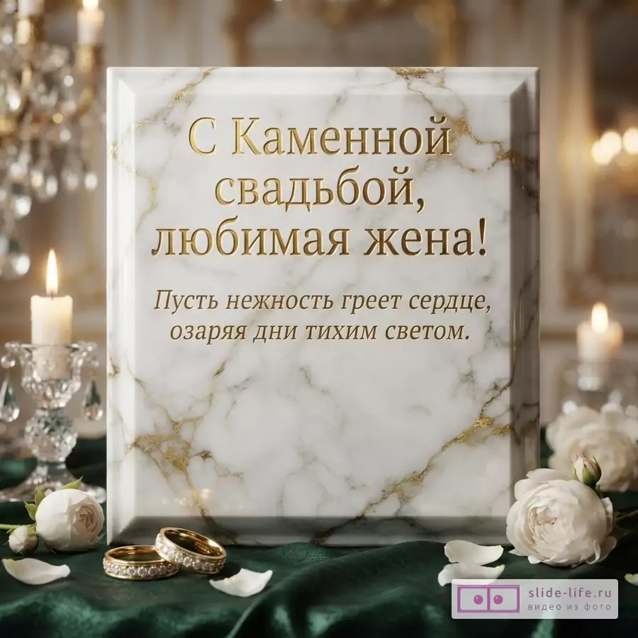 Темно-зеленый фон, золотой текст, белый мраморный камень с золотыми прожилками, две свечи в подсвечниках, белые розы, два золотых кольца с бриллиантами. Текст: «С Каменной свадьбой, любимая жена! Пусть нежность греет сердце, озаряя дни тихим светом.»