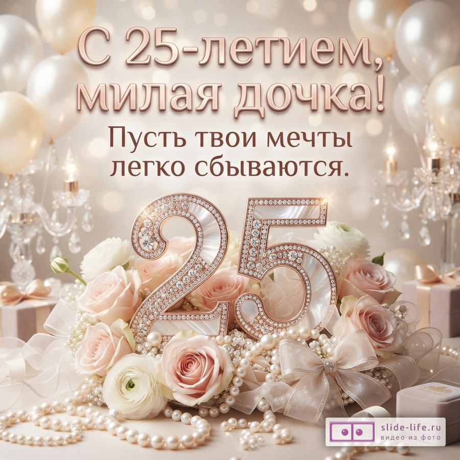 Объемная цифра 25 в розах и жемчуге на фоне воздушных шаров с текстом «С 25-летием, милая дочка! Пусть твои мечты легко сбываются.»