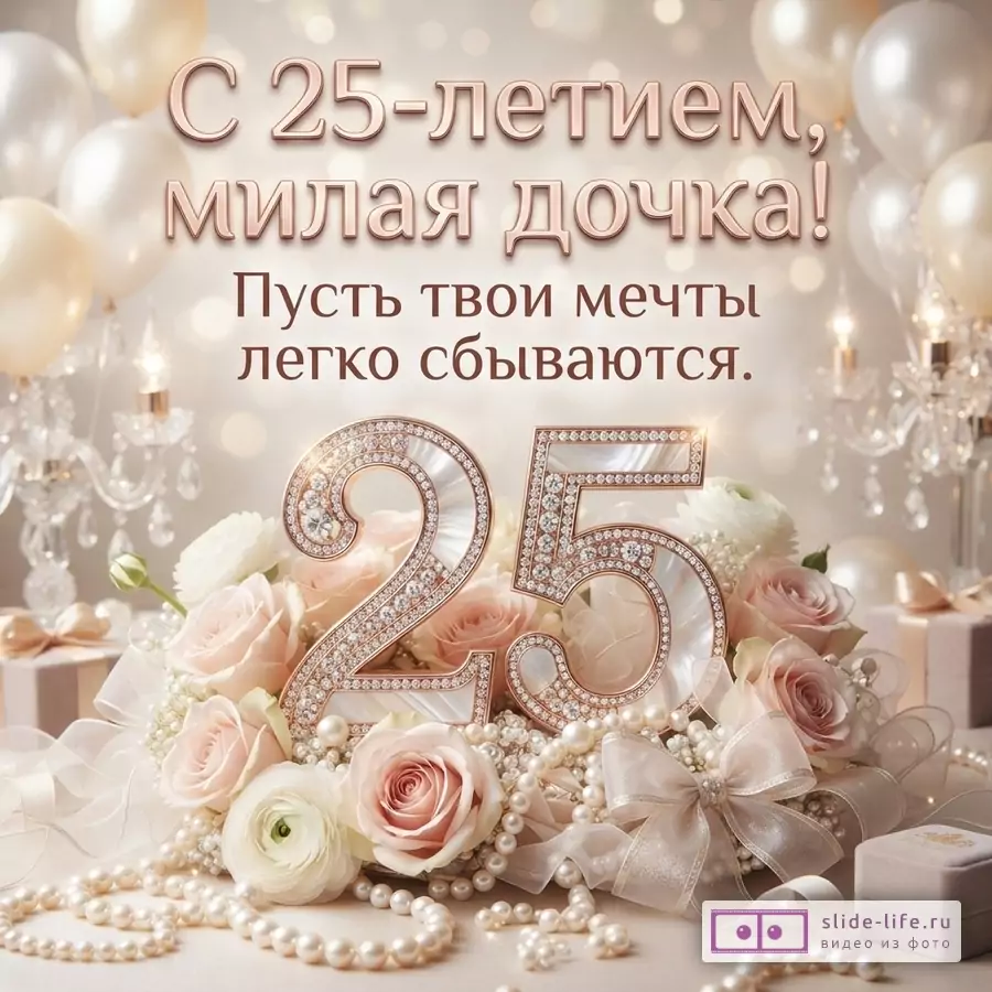 Объемная цифра 25 в розах и жемчуге на фоне воздушных шаров с текстом «С 25-летием, милая дочка! Пусть твои мечты легко сбываются.»