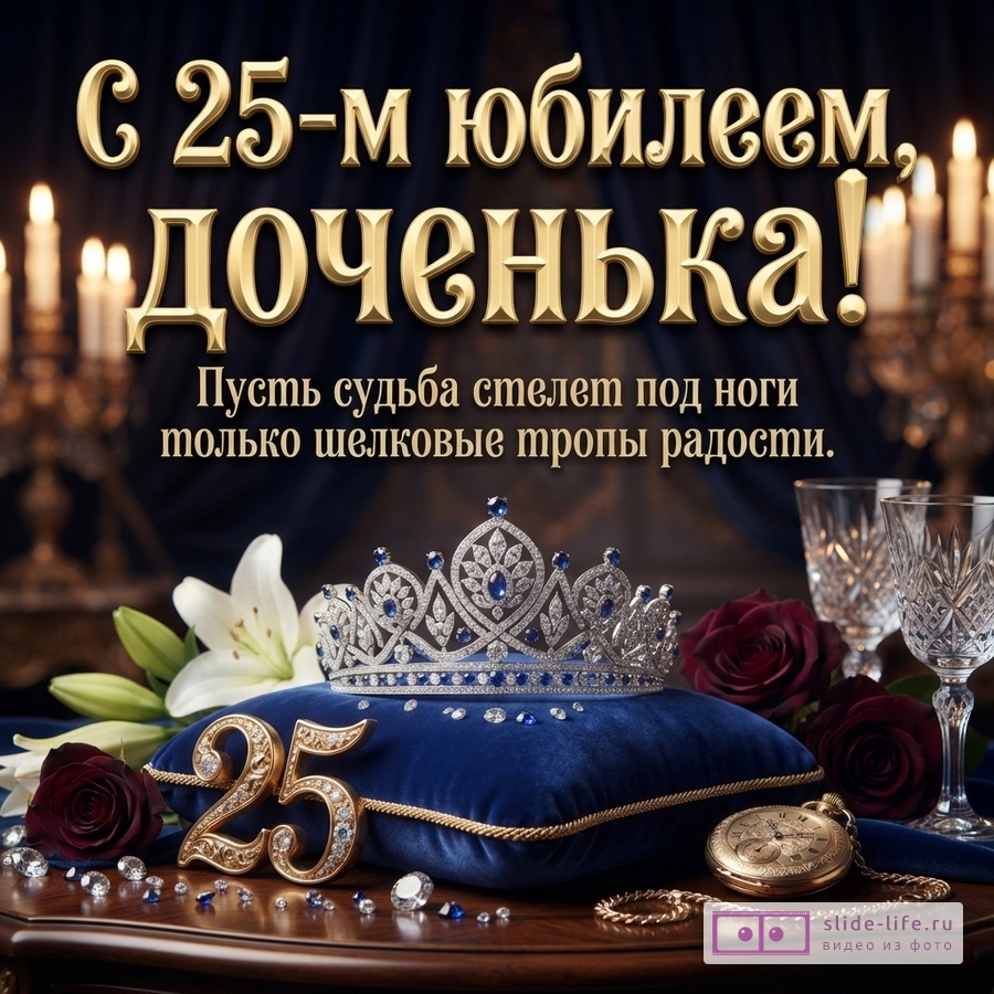 Бриллиантовая тиара на синей бархатной подушке, цифра 25, розы и текст «С 25-м юбилеем, доченька! Пусть судьба стелет под ноги только шелковые тропы радости.»