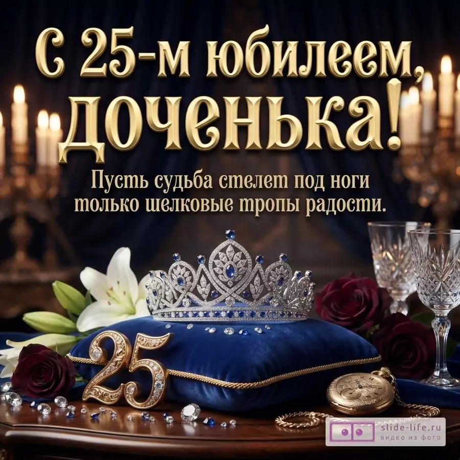 Бриллиантовая тиара на синей бархатной подушке, цифра 25, розы и текст «С 25-м юбилеем, доченька! Пусть судьба стелет под ноги только шелковые тропы радости.»