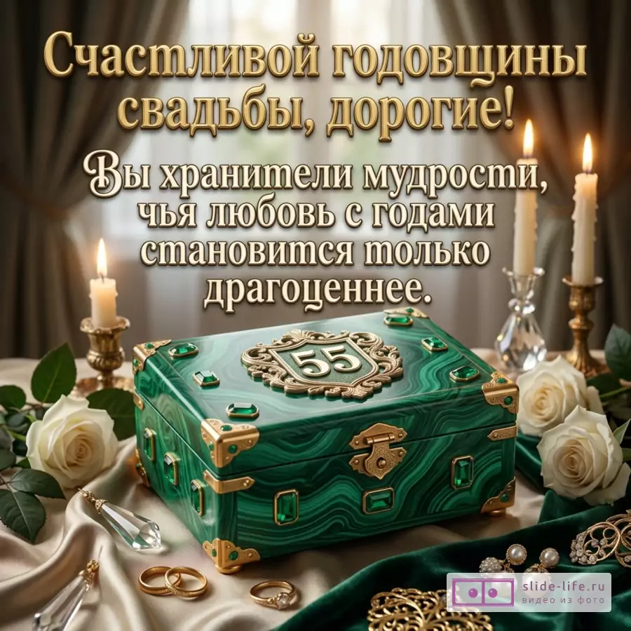 Открытка с текстом «Счастливой годовщины свадьбы, дорогие! Вы хранители мудрости, чья любовь с годами становится только драгоценнее.» зеленая шкатулка с числом «55», белые розы, свечи, золотые кольца, бежевый и темно-зеленый фон