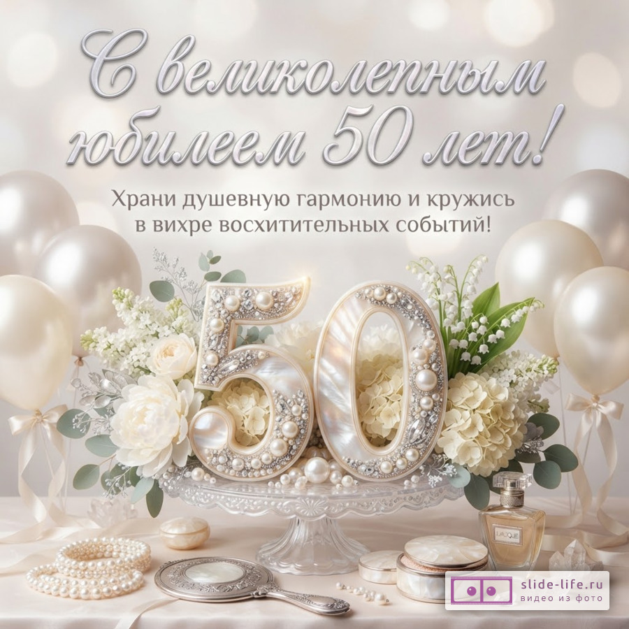 Белый фон, воздушные шары, цветы, духи и цифра 50 с жемчугом и надписью «С великолепным юбилеем 50 лет! Храни душевную гармонию и кружись в вихре восхитительных событий!»