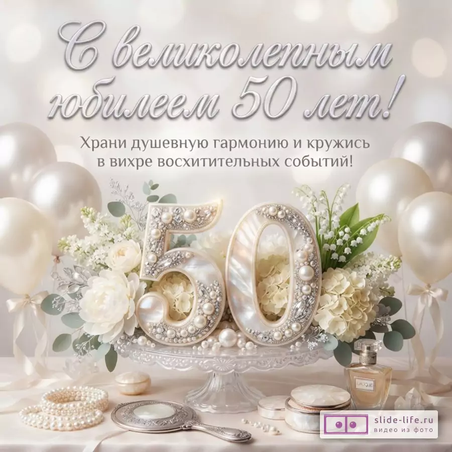 Белый фон, воздушные шары, цветы, духи и цифра 50 с жемчугом и надписью «С великолепным юбилеем 50 лет! Храни душевную гармонию и кружись в вихре восхитительных событий!»