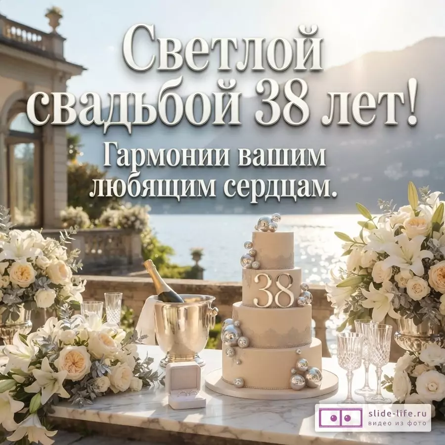 Свадебный торт с цифрой «38», шампанское, букеты цветов на фоне озера и гор. Текст: «Светлой свадьбой 38 лет! Гармонии вашим любящим сердцам.»