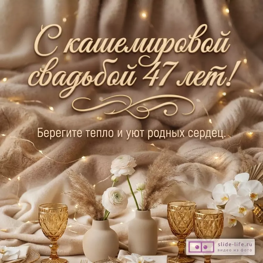 Бежевый фон, вязаный плед, гирлянда. Текст: «С кашемировой свадьбой 47 лет! Берегите тепло и уют родных сердец.»