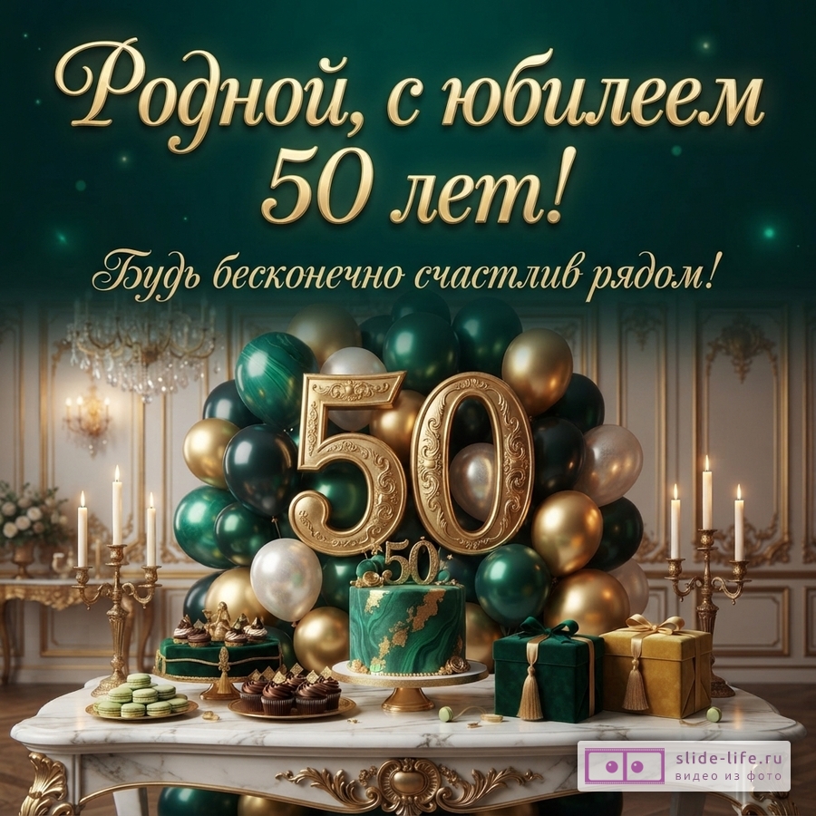 Открытка с золотыми буквами на темно-зеленом фоне, текст «Родной, с юбилеем 50 лет! Будь бесконечно счастлив рядом!». Золотые и зеленые шары, торт, подарки, свечи на столе.