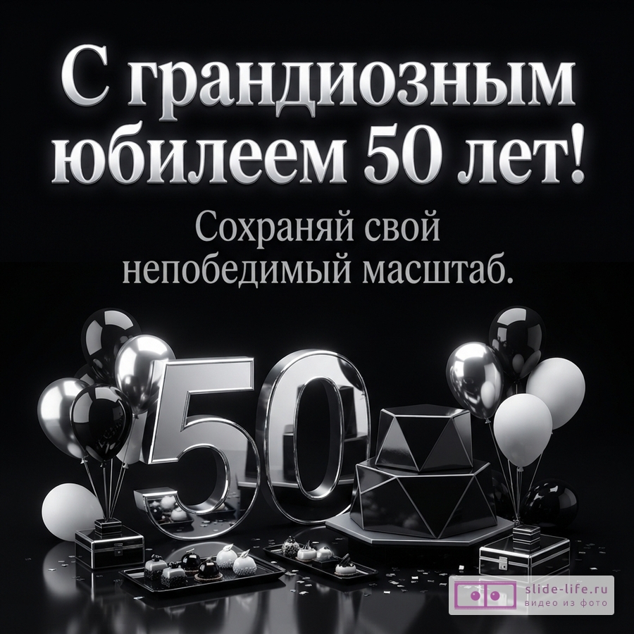 Черный фон, серебряные буквы «С грандиозным юбилеем 50 лет! Сохраняй свой непобедимый масштаб.», большие серебряные цифры «50», черные, серебряные и белые воздушные шары, черные подарочные коробки, черные пирожные на подносах.