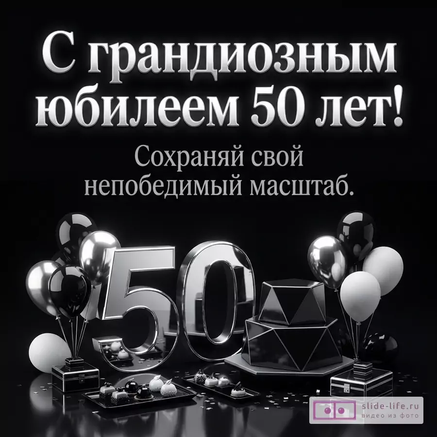 Черный фон, серебряные буквы «С грандиозным юбилеем 50 лет! Сохраняй свой непобедимый масштаб.», большие серебряные цифры «50», черные, серебряные и белые воздушные шары, черные подарочные коробки, черные пирожные на подносах.