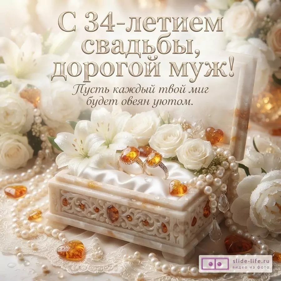 Бежевый фон, белые розы, белые лилии, жемчуг, янтарные сердечки, шкатулка, два кольца с янтарем. Текст: «С 34-летием свадьбы, дорогой муж! Пусть каждый твой миг будет овеян уютом.»
