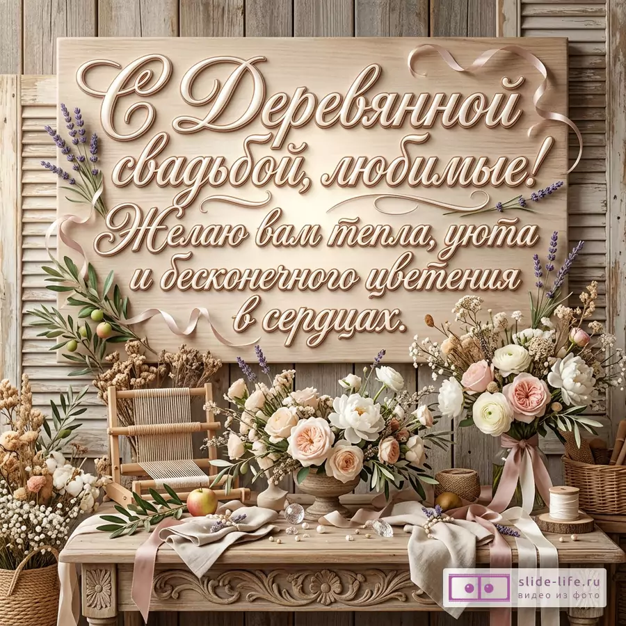 Бежево-деревянная открытка с розово-кремовыми цветами, лентами и надписью «С Деревянной свадьбой, любимые! Желаю вам тепла, уюта и бесконечного цветения в сердцах.»