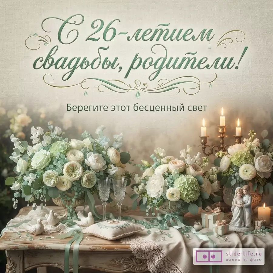 Бежевый фон, зеленая каллиграфическая надпись «С 26-летием свадьбы, родители!», ниже текст «Берегите этот бесценный свет», цветочные композиции, свечи и декор на столе