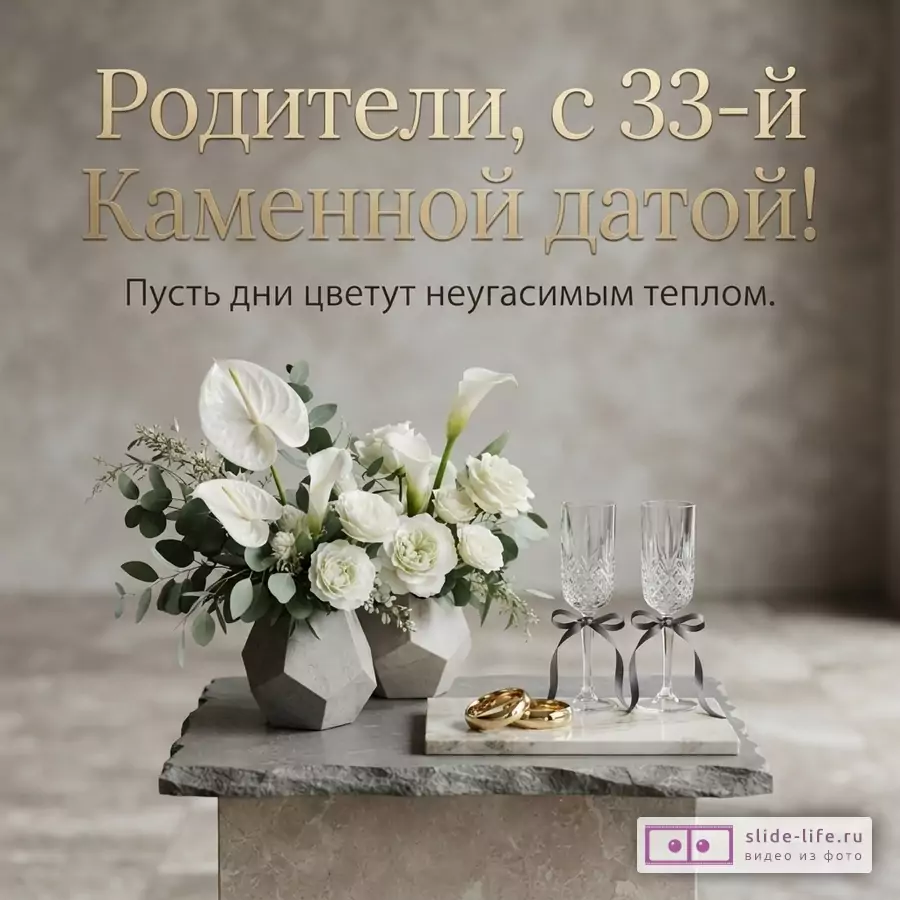 Открытка на сером фоне с золотым текстом «Родители, с 33-й Каменной датой! Пусть дни цветут неугасимым теплом.». Внизу композиция из белых цветов в серых вазах, два бокала с серыми лентами и два золотых кольца на мраморной подставке.
