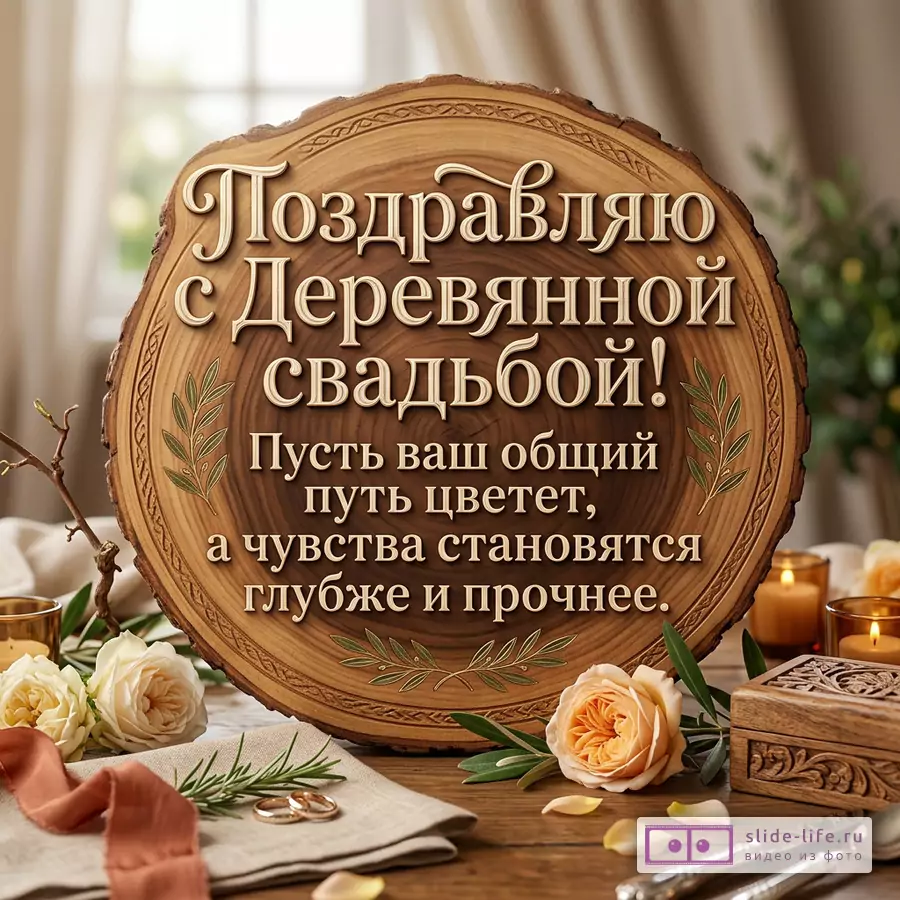 Круглый деревянный спил с резным узором, бежевый и коричневый фон, белые и персиковые розы, свечи, кольца, деревянная шкатулка, текст «Поздравляю с Деревянной свадьбой! Пусть ваш общий путь цветет, а чувства становятся глубже и прочнее.»