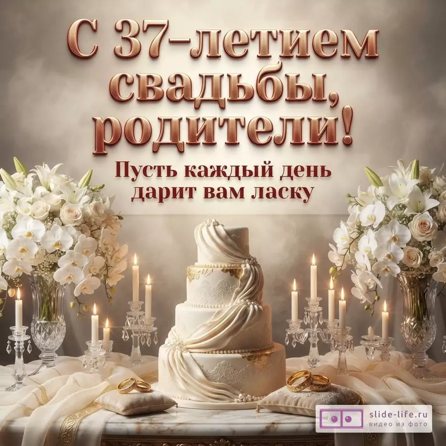 Бежевый фон, сверху текст, снизу свадебный торт, цветы, свечи, кольца. Текст: «С 37-летием свадьбы, родители! Пусть каждый день дарит вам ласку»
