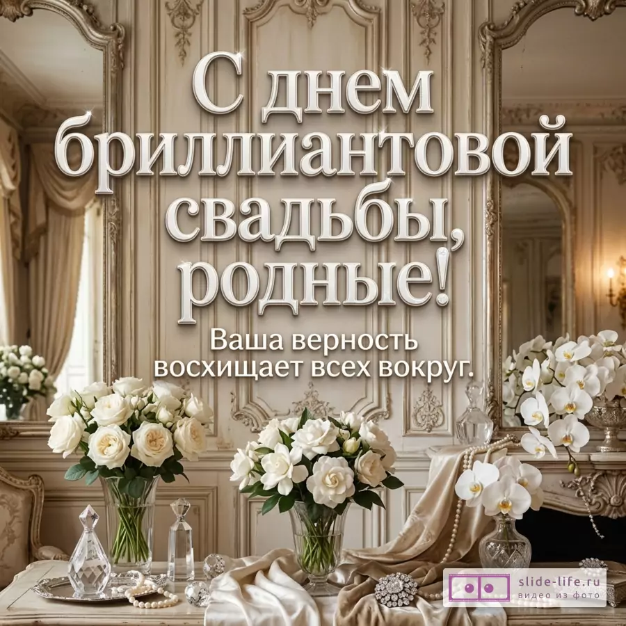 Интерьер в бежевых и кремовых тонах, зеркала, белые розы и орхидеи в вазах, жемчуг, хрусталь, текст «С днем бриллиантовой свадьбы, родные! Ваша верность восхищает всех вокруг.»