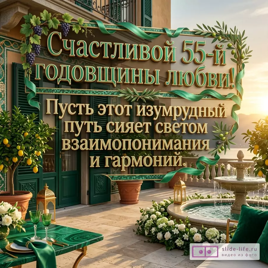 Открытка с текстом «Счастливой 55-й годовщины любви! Пусть этот изумрудный путь сияет светом взаимопонимания и гармонии.» терраса, зеленые ленты, виноград, оливковые ветви, лимонные деревья, фонтан, белые цветы, зеленый и бежевый фон