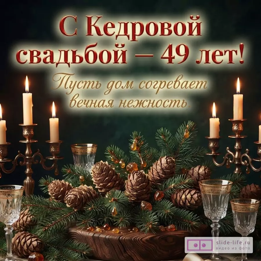 Открытка с темно-зеленым фоном, горящими свечами в канделябрах, еловыми ветками с шишками и бокалами. Текст: «С Кедровой свадьбой – 49 лет! Пусть дом согревает вечная нежность»