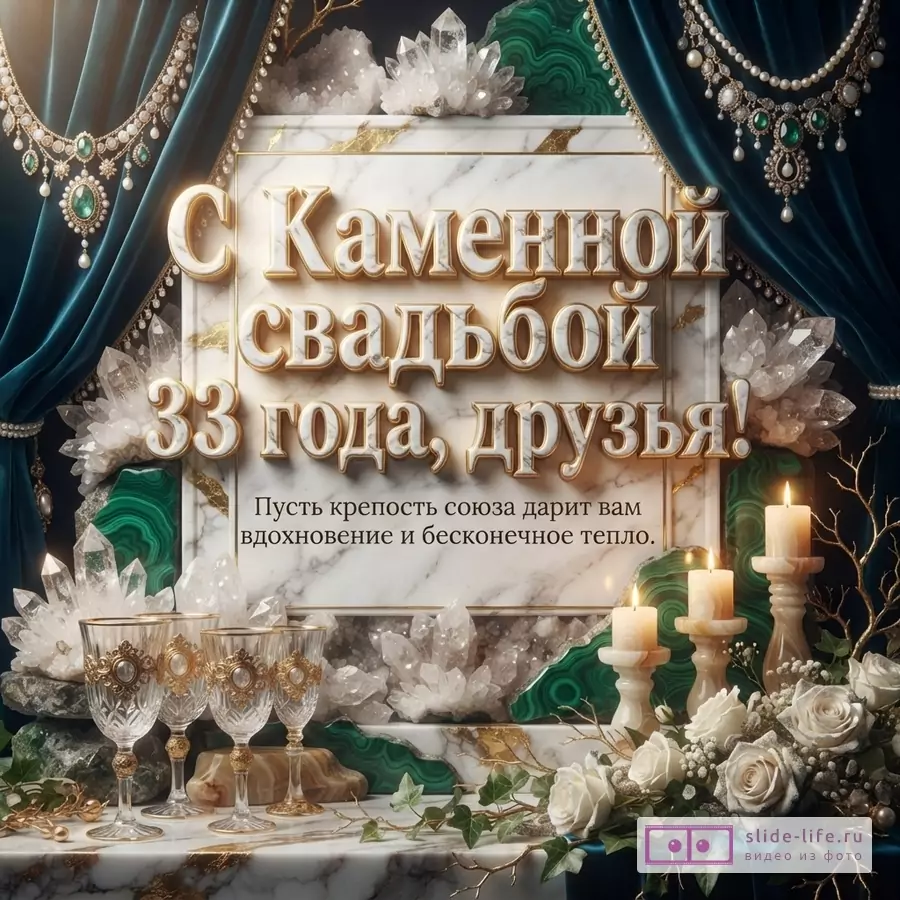 Фон из белого мрамора с зелеными малахитовыми вставками, кристаллами и синими драпировками. Сверху жемчужные ожерелья. Внизу три бокала, свечи и белые розы. Текст: «С Каменной свадьбой 33 года, друзья! Пусть крепость союза дарит вам вдохновение и бесконечное тепло.»