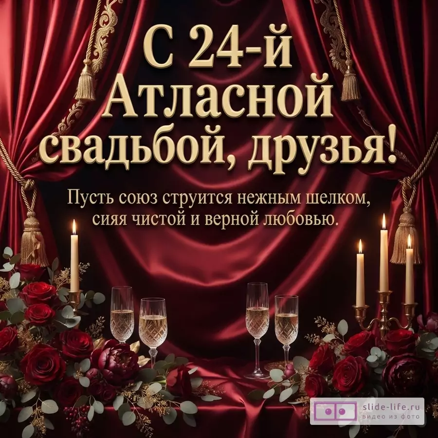 Бордовые атласные драпировки с золотыми кистями, бокалы с шампанским, розы, свечи и текст «С 24-й Атласной свадьбой, друзья! Пусть союз струится нежным шелком, сияя чистой и верной любовью.»