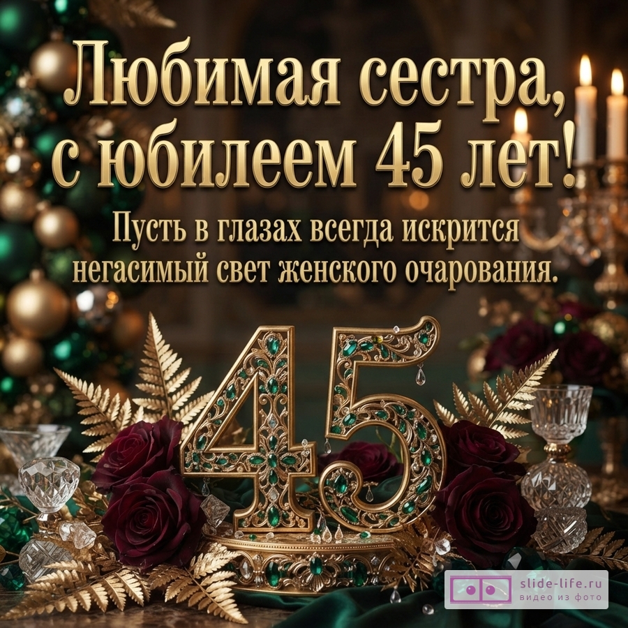 Открытка с золотыми буквами на тёмном фоне, украшенная зелёными шарами и свечами. Текст: «Любимая сестра, с юбилеем 45 лет! Пусть в глазах всегда искрится негасимый свет женского очарования.»