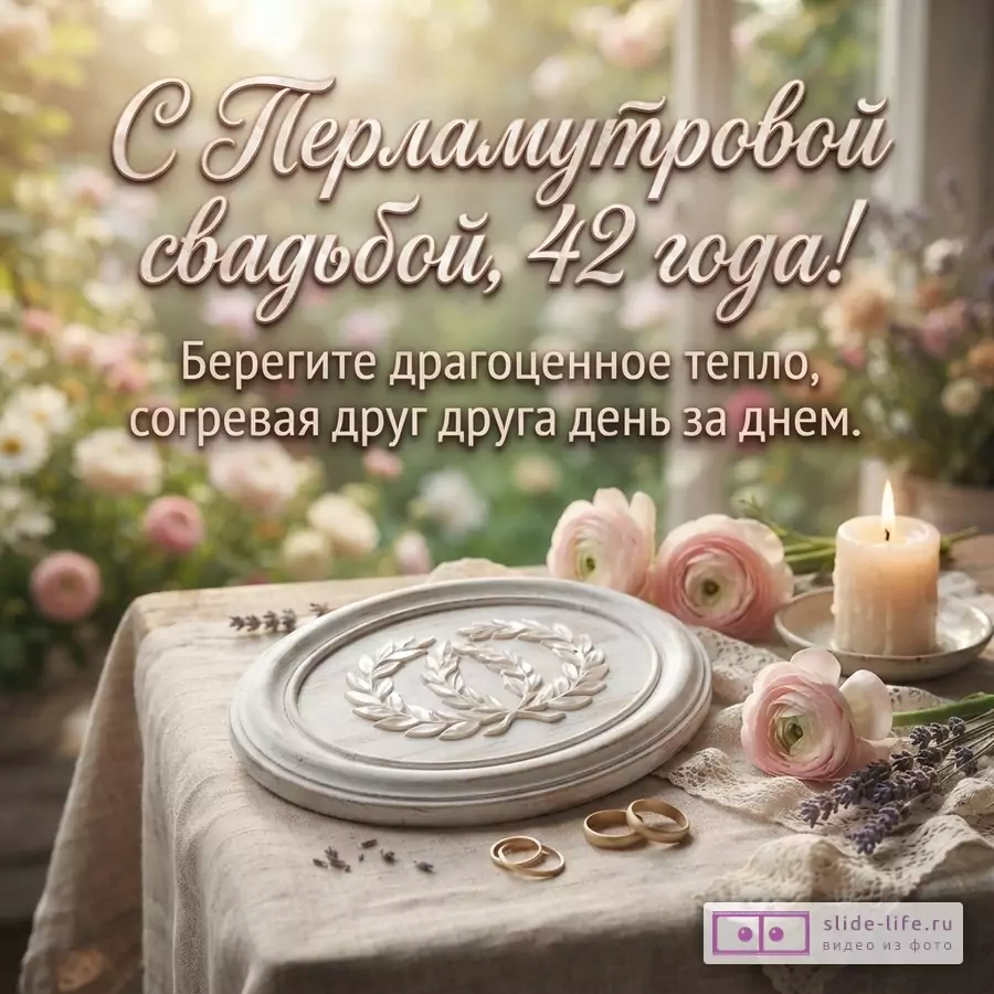 Открытка с надписью «С Перламутровой свадьбой, 42 года! Берегите драгоценное тепло, согревая друг друга день за днем.» на фоне размытого сада, на столе свеча, цветы, обручальные кольца и декоративный венок.