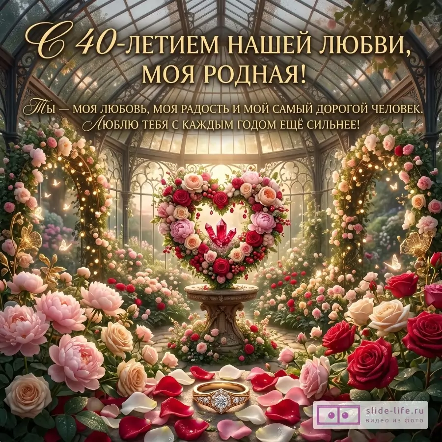 Золотистая оранжерея с цветами, лепестками, сердцем из роз и кольцом; текст «С 40-ЛЕТИЕМ НАШЕЙ ЛЮБВИ, МОЯ РОДНАЯ!»